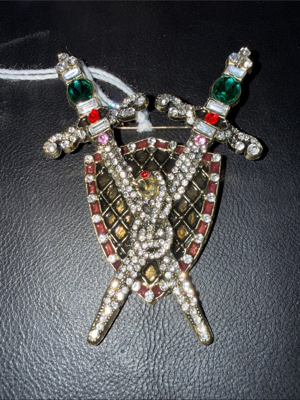 Crystal Sword & Shield Brooch Pin - Green and Red Accents